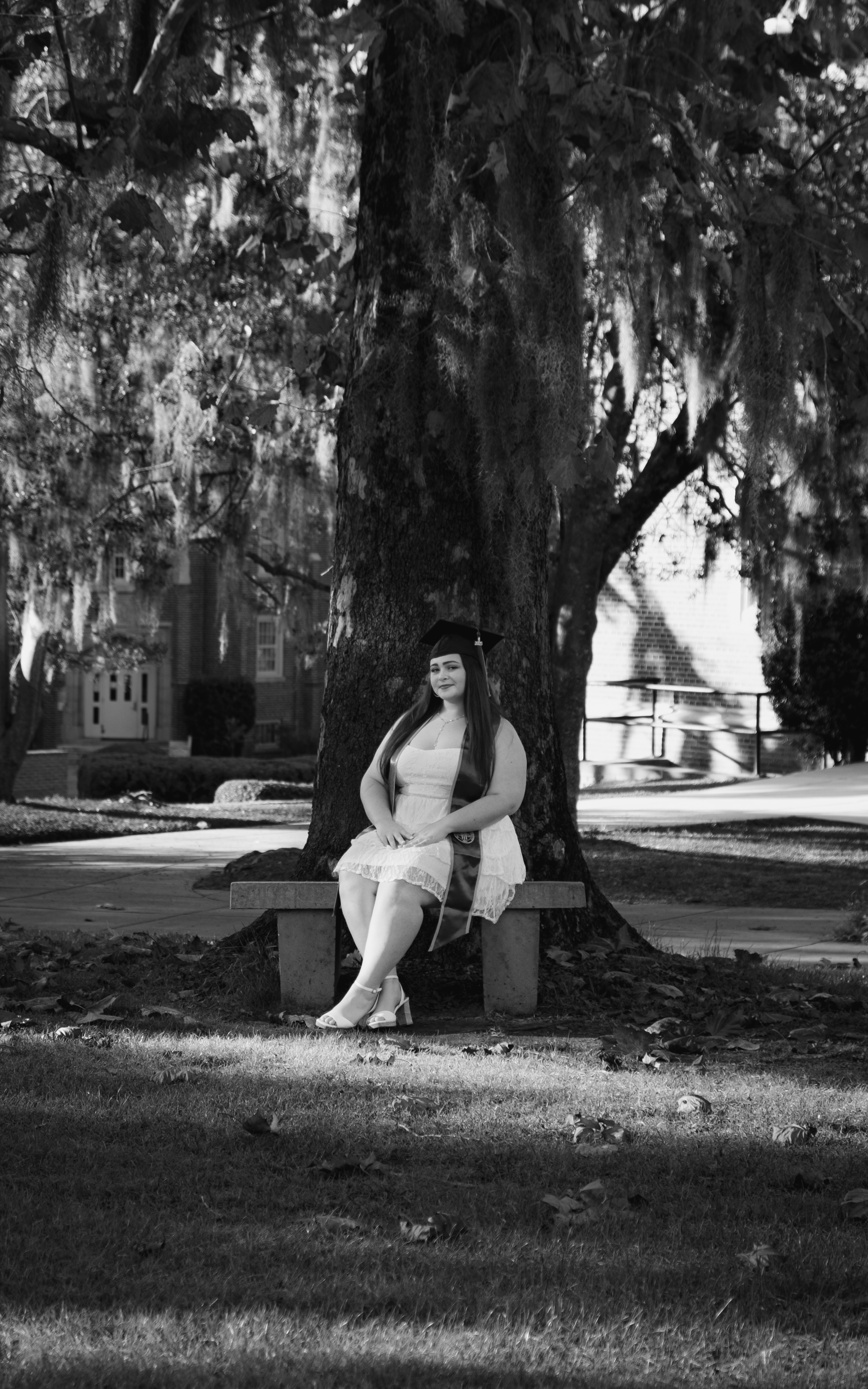 B&W bench portrait